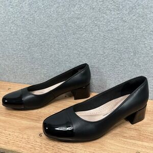 Clarks Iridessa May Black Leather Cap Toe Block Heel Pumps Womens 9.5 M